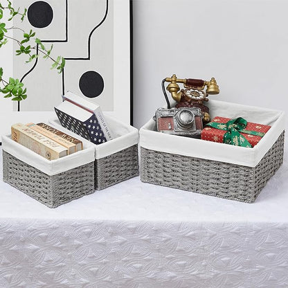 Vagusicc Wicker Basket, Set of 3 Hand-woven Storage Baskets for Organizing, Decorative Rectangle Wicker Storage Basket Bins with Handles, Small Toilet Paper Storage Baskets for Shelves & Decor, Grey