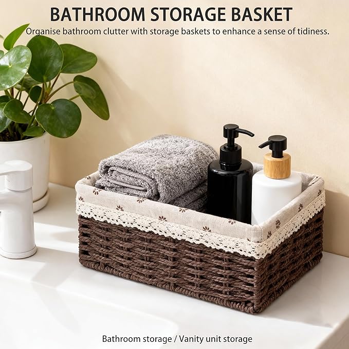 Woven Paper Rope Storage Basket Set with Handles & Liners,Set of 3- Cube Organizers Basket for Drawers, Shelves & Closets, Decorative Home Storage