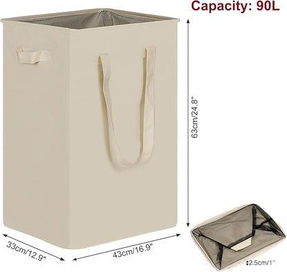 efluky Slim Laundry Basket, Narrow Laundry Hamper with Handles, Collapsible Dirty Clothes Hamper, Tall Laundry Bin for Laundry Room, Dorm and Bedroom, 90L Beige