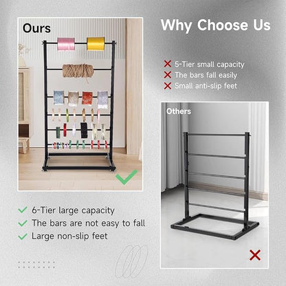 6-Tier Ribbon Holder, Large Capacity Ribbon Storage Rack, Height Adjustable Metal Spool Organizer, Countertop Ribbon Display Shelf Wrapping Paper Holder for Flower Store, Craft Room, Cake Shop