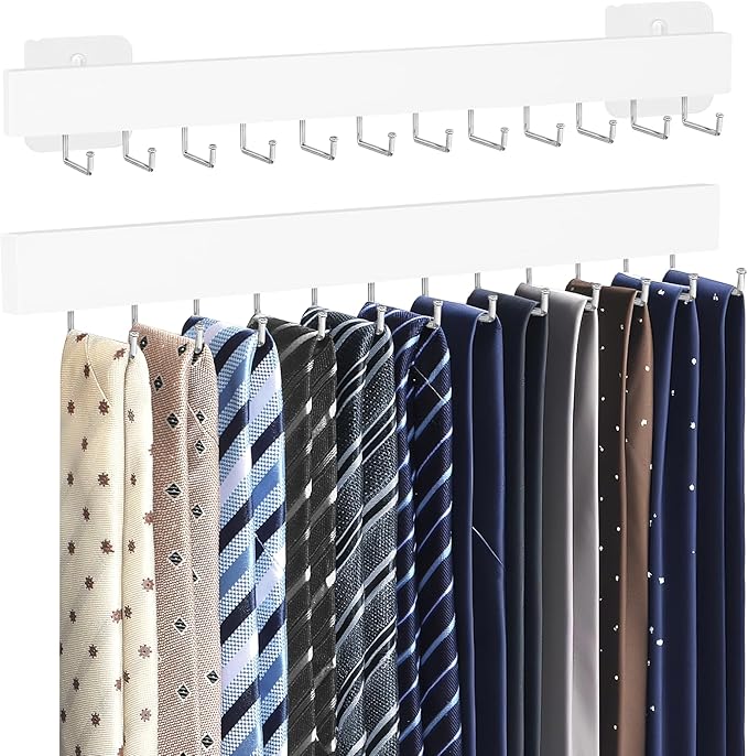 Tie Rack Wall Mount, Adhesive Wooden Closet Tie Hanger with 24 Metal Hooks, Large Capacity, 2 Installation Options, White, 2 Pcs