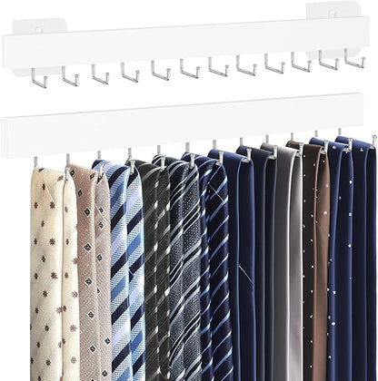 Tie Rack Wall Mount, Adhesive Wooden Closet Tie Hanger with 24 Metal Hooks, Large Capacity, 2 Installation Options, White, 2 Pcs