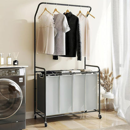 ROMOON Laundry Hamper Sorter Cart: 4 Section Organizer with Hanging Bar and Heavy-duty Lockable Wheels | 180L Rolling Laundry Basket with Clothes Rack in Laundry Room or Small Spaces (Grey)