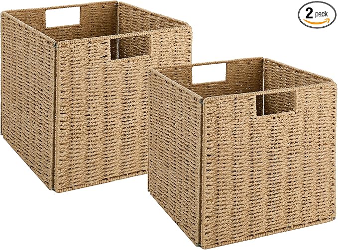 Vagusicc Wicker Baskets, Set of 2 Hand-Woven Storage Baskets for Shelves with Handles, Foldable Cube Wicker Storage Basket Bins Organizer 13 Inches Large Woven Baskets for Storage Organizing & Decor