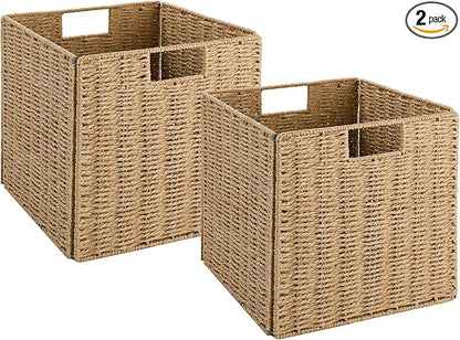 Vagusicc Wicker Baskets, Set of 2 Hand-Woven Storage Baskets for Shelves with Handles, Foldable Cube Wicker Storage Basket Bins Organizer 13 Inches Large Woven Baskets for Storage Organizing & Decor