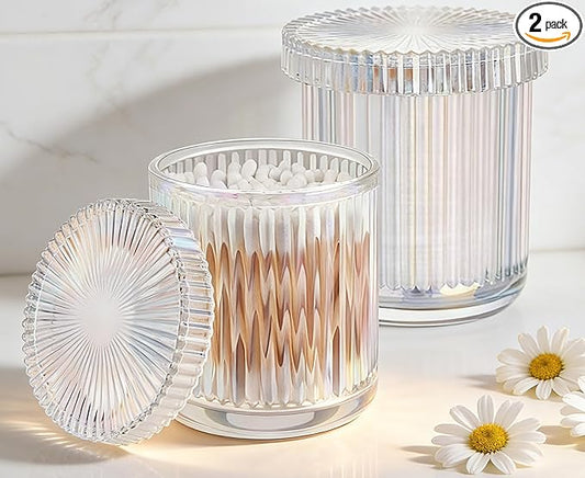 2 Pack Glass Qtip Holder Dispenser Set - Bathroom Organizer for Cotton Swabs, Balls, Pads, Floss Picks - Clear Apothecary Jars for Vanity, Makeup Storage, Bathroom Accessories Decor (Iridescent)