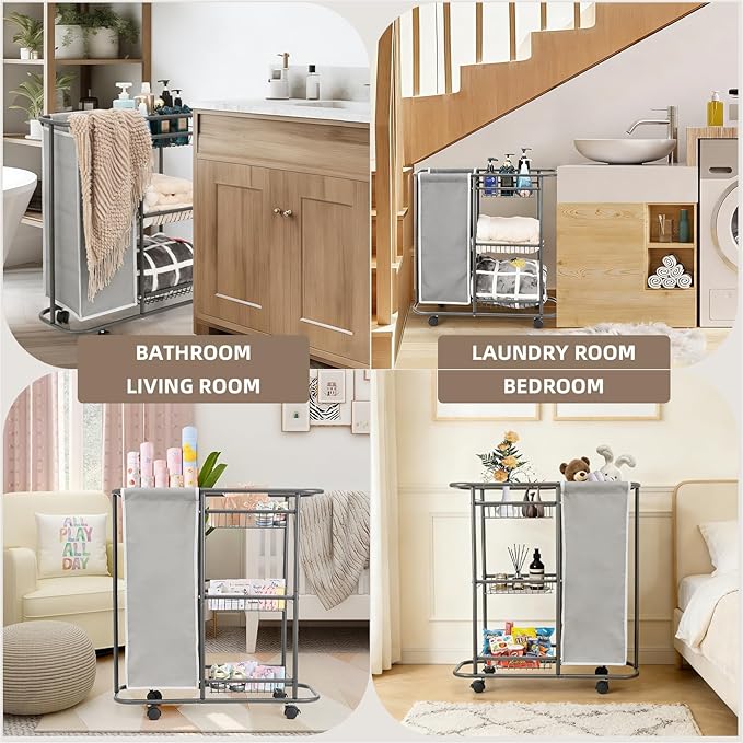 Rolling Laundry Sorter with 3 Storage Baskets and 45 L Bag, 3-Tier Laundry Caddy Between Washer and Dryer,Laundry Room Organization with Wheels and Handle for Narrow Space Bathroom Apartment Dorm