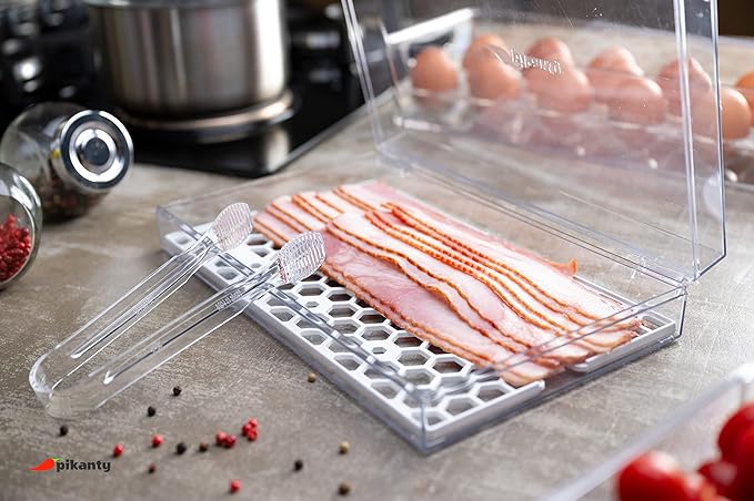 Pikanty Bacon Container for Refrigerator with Tongs & Drain Tray — Airtight Deli Meat Keeper, Cheese & Cold Cuts Storage, Dishwasher & Freezer Safe, Made in USA