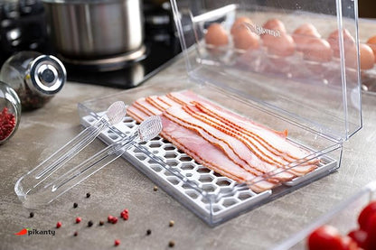 Pikanty Bacon Container for Refrigerator with Tongs & Drain Tray — Airtight Deli Meat Keeper, Cheese & Cold Cuts Storage, Dishwasher & Freezer Safe, Made in USA