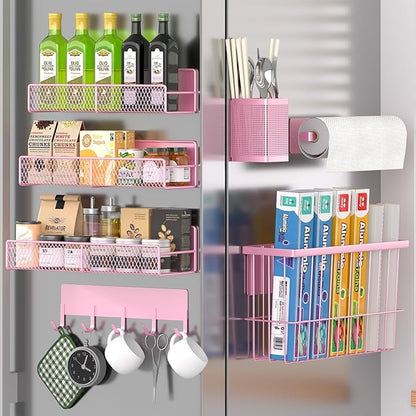 DTUQYX Magnetic Spice Rack for Refrigerator, 7 Pack Metal Magnetic Shelf, Moveable Magnetic Storage Fridge Organizer Pink, Spice Organizer, Hook Rack, Paper Towel Holder, Cutting Board Holder, HM5470