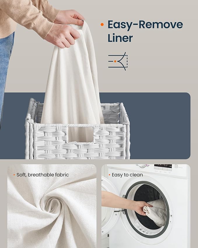 SONGMICS HOME Laundry Hamper with Lid, Clothes Basket with Removable Liner and Handles, 23.8 Gallon, Foldable Narrow Laundry Organizer for Bathroom, Bedroom, White