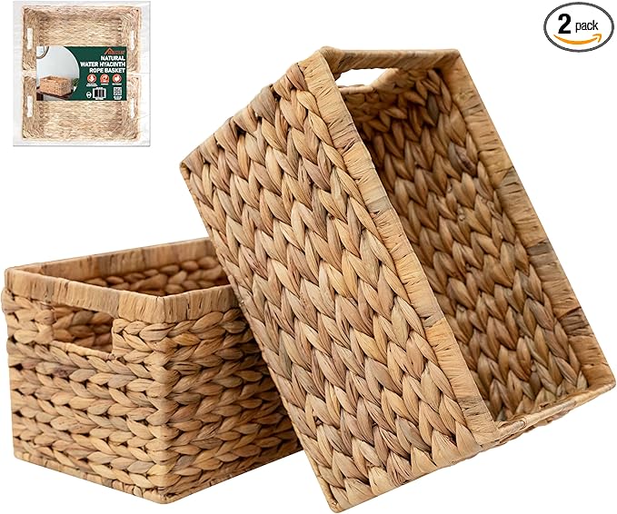 2-Pack Handwoven Water Hyacinth Storage Baskets with Handles, Wicker Bins for Pantry Organization, Shelf or Closet Organizer, Decorative Boho Rectangular Basket 13.5" x 8"