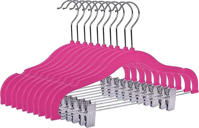 Quality Kids Children's Plastic Non Velvet Non-Flocked Thin Compact Shirt and Skirt/Pant Bundle Coat Hangers with Metal Clips for Skirts Pants Blouses 360° Swivel Hook, Jacket, Pink