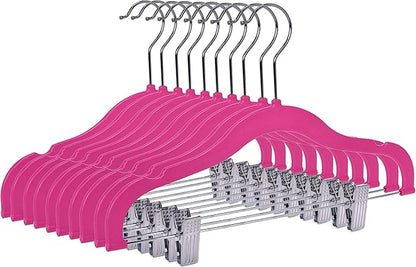 Quality Kids Children's Plastic Non Velvet Non-Flocked Thin Compact Shirt and Skirt/Pant Bundle Coat Hangers with Metal Clips for Skirts Pants Blouses 360° Swivel Hook, Jacket, Pink