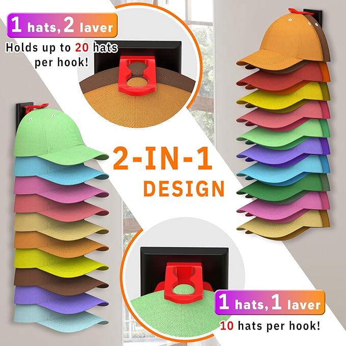 Volnamal Hat Organizer for Baseball Caps, 2 Pack Hold Up to 40 Hats, Hat Rack for Wall Space Saving, Hat Hanger w/Strong Adhesive Hat Storage Holder Display for Closet Door and Wall (Black & Color)