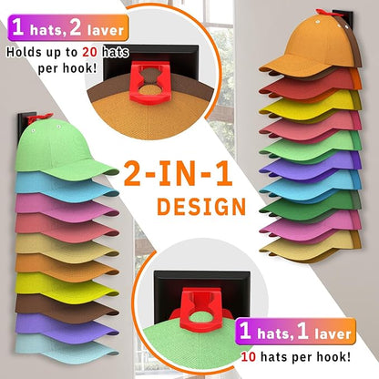 Volnamal Hat Organizer for Baseball Caps, 2 Pack Hold Up to 40 Hats, Hat Rack for Wall Space Saving, Hat Hanger w/Strong Adhesive Hat Storage Holder Display for Closet Door and Wall (Black & Color)