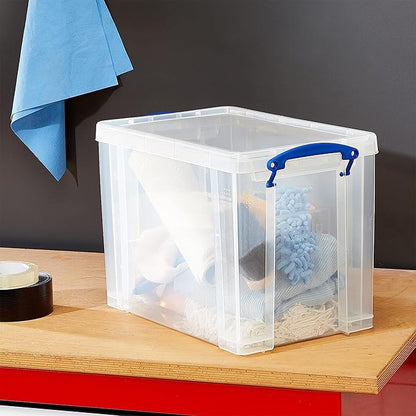 Really Useful Box 19 Liter Plastic Stackable Storage Container with Snap Lid & But-in Clip Lock Handles for Home or Office Organization, Clear