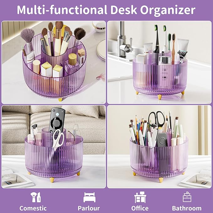 Clear Rotating Makeup Organizer Countertop for Vanity, 360° Makeup Brush Holder Organizer with 5 Compartments, Transparent Cosmetic Storage for Lipstick, Skincare, Bathroom Counter(Transparent Purple)