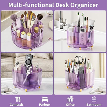 Clear Rotating Makeup Organizer Countertop for Vanity, 360° Makeup Brush Holder Organizer with 5 Compartments, Transparent Cosmetic Storage for Lipstick, Skincare, Bathroom Counter(Transparent Purple)