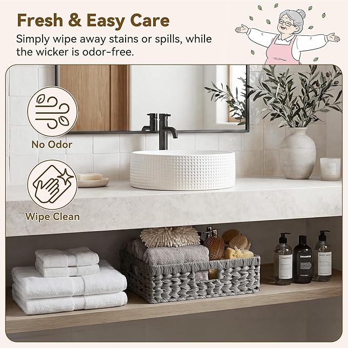 GRANNY SAYS Wicker Storage Baskets for Shelves, Wicker Basket for Organizing, Rectangle Basket, Woven Baskets for Pantry Storage, Gray, 1-Pack