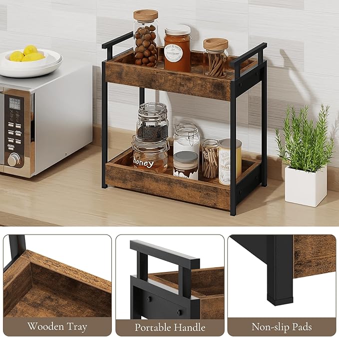 Bathroom Countertop Organizer, 2 Tier Counter Organizers and Storage for Bathroom Sink Dresser, Wooden Standing Vanity Shelf Tray for Makeup Perfume Skincare, Rustic Brown