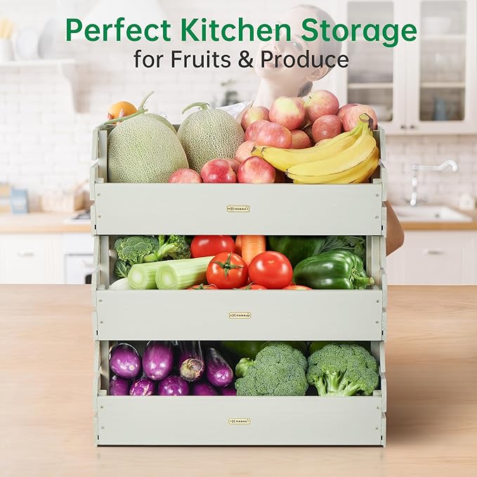 HABAU Potato Onion Storage Bin - Wood Stackable Produce Basket with Handles - Fruit and Vegetable Storage for Kitchen and Pantry Counter Organization - 3 Pack