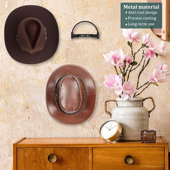 4 Pcs Metal Cowboy Hat Rack, Wall Mounted, Black Cap Holder, Multifunctional Western Rustic Decorative Cowboy Hat Hooks for Home Apartment Dormitory