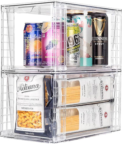2Pack Large Stackable Kitchen Storage Drawers, Clear Foods Organizer Bins with Handles, Easily Assemble for Bathroom, Kitchen, Pantry, Cabinet, Closet(XL-UP Handle)