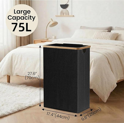 efluky Slim Laundry Basket with Lid, Narrow Laundry Hamper with Removable Bag, Skinny Dirty Clothes Basket with Bamboo Handles for Bathroom, Bedroom & Laundry Room, 75L Black