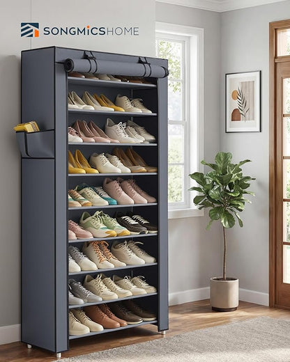 SONGMICS HOME Shoe Rack 10-Tier, Tall Narrow Metal Shoe Organizer with Dust Cover, 11.2 x 33.3 x 63.2 Inches, Vertical Storage Cabinet for Closet Entryway, Gray