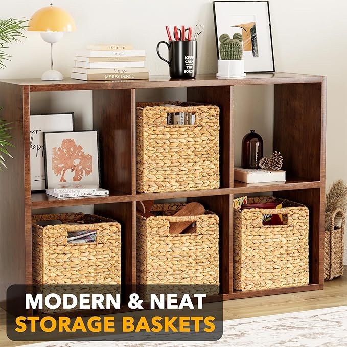 SpaceAid 4 Pack Wicker Basket, Storage Baskets for Organizing, Woven Rattan Basket with Handles for Shelves, Water Hyacinth Large Cube Organizer Storage Bin, 10.5x10.5x10.5 inch, Natural