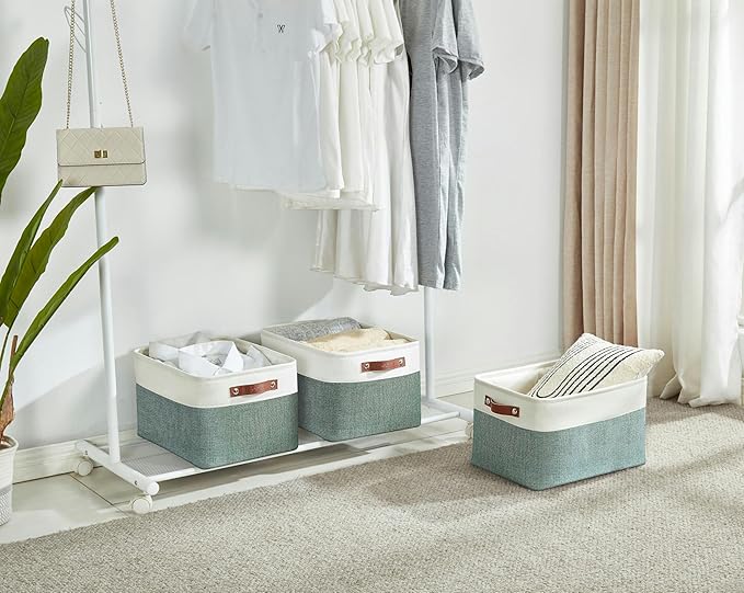 DECOMOMO Storage Bins, Large Fabric Storage Baskets for Shelves, Decorative Linen Closet Organizer, 15 x 11 x 9.5 inches (Green & White, 3 Pack)
