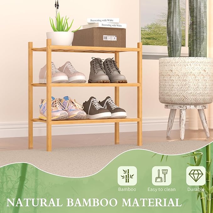 ROMGUAR CRAFT 3-Tier Bamboo Small Shoe Rack, Free Standing Wood Shoe Shelf Storage Organizer for Closet Entryway Stackable (Natural)
