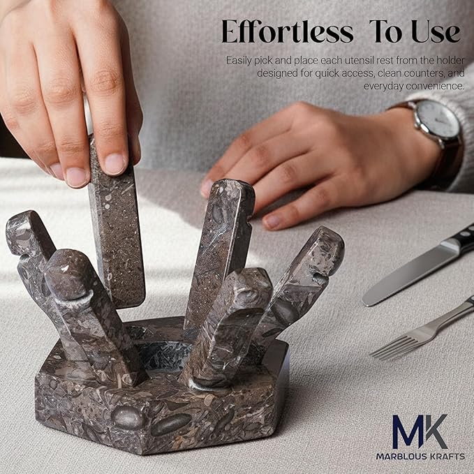 MARBLOUS KRAFTS Marble Utensil Rest Oceanic Kitchen Counter Spoon and Cutlery Holder for Daily Use, Clean Counter Solution, Modern Kitchen Decor