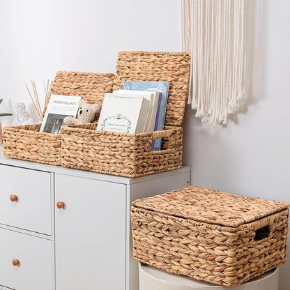 Wicker Storage Baskets, Hand-Woven Rectangular Wicker Basket with Lid for Bedroom & Living Room, Nesting Rattan Basket for Shelves (Water Hyacinth, 3-Pack)