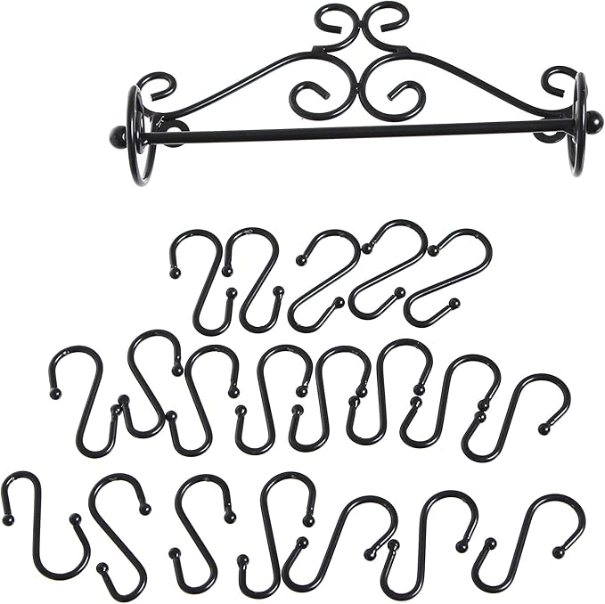 MyGift Necklace Holder Wall Mount, Set of 2 Jewelry Organizer - Black Metal Scrollwork Design Necklace Hanger Jewelry Display Storage Rack with 20 Hanging S-Hooks