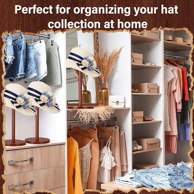 Weysat 4 Pack Wooden Hat Display Stand with Round Base Brown Rustic Vintage Hat Rack Holder for Wig Cap Helmet Boutique Jewelry Organizer for Home Store Tabletop Shelf Decor, 12 x 6 x 4 Inches