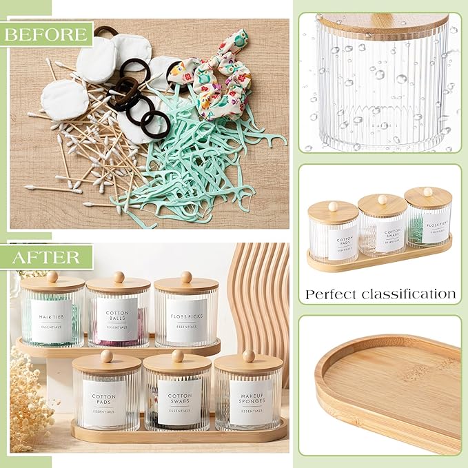 Vesici 6 Pack Bathroom Canisters Ribbed Apothecary Jars with Bamboo Lids 2 Bamboo Trays and 9 Label Stickers Cotton Swabs Holder Bathroom Organizer Storage Set Acrylic 18 oz Dispenser Container(Wood)