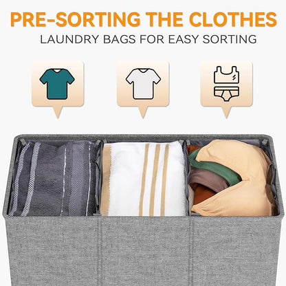 WOWLIVE 180L Laundry Hamper with Lid 3 Section,Large Laundry Basket with Removable Bags and Handles,Collapsible Dirty Clothes Hampers for Laundry,Laundry Basket Organizer for Laundry Room,Dorm,Grey