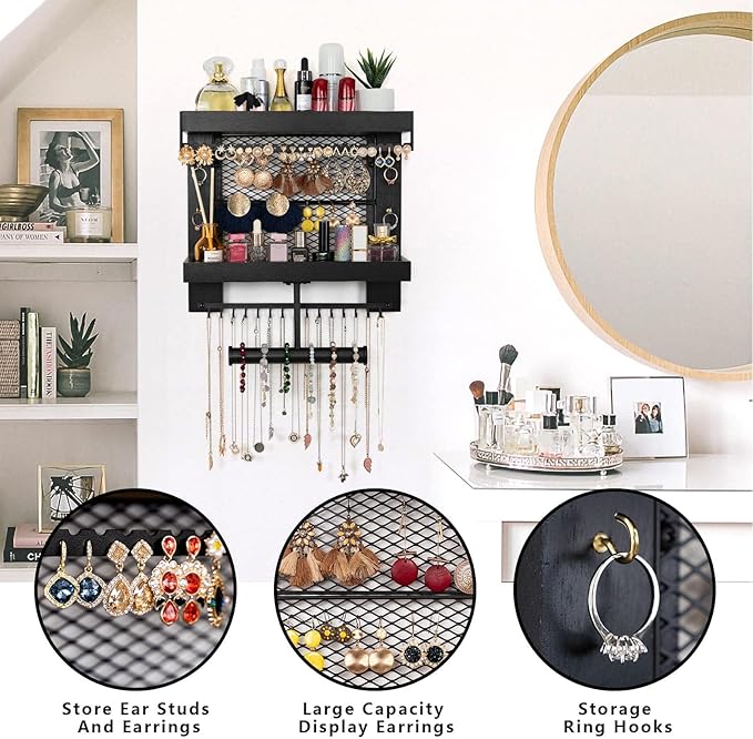 Pinzoveco Hanging Jewelry Organizer Wall Mounted With Wall Jewelry Organizer Holder For Necklaces Bracelet Earrings Ring (Black)