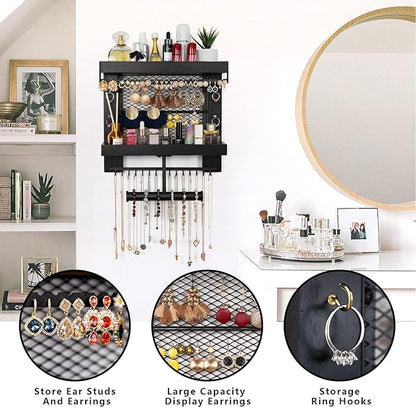Pinzoveco Hanging Jewelry Organizer Wall Mounted With Wall Jewelry Organizer Holder For Necklaces Bracelet Earrings Ring (Black)