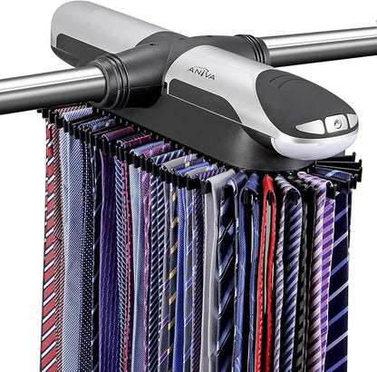 Aniva Motorized Tie Rack Closet Organizer with LED Lights Includes J Hooks for Wired Shelving Stores Up to 72 Ties & 8 Belts, Operates with Batteries