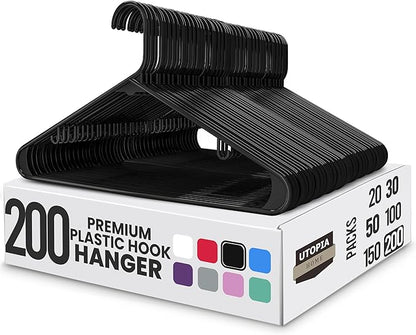 Utopia Home Plastic Hangers 200 Pack - Space Saving Clothes Hanger - Durable & Strong Closet Organizers and Storage with Built-in Strap Hooks - Essential for Shirts, Pants, Skirts & Coats (Black)