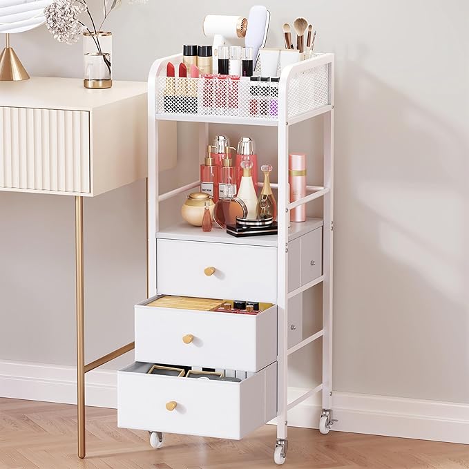 HapiRm Rolling Makeup Cart Organizer - Floor Skincare Make Up Storage with 3 Non-woven Fabric Drawers, Vanity Organizer Cosmetic Display Cases Holder for Skin Care Perfume Nail Polish Brush Hair Tool