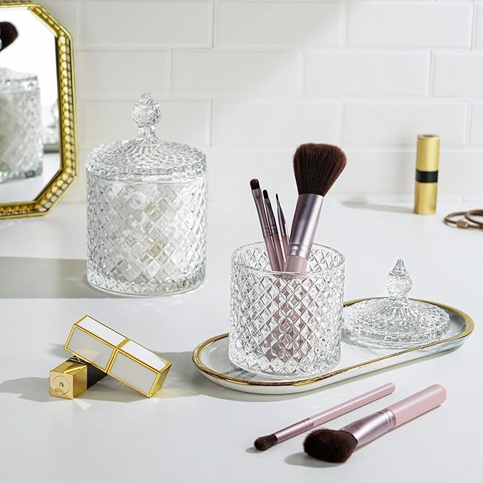 R FLORY 2 Pack Qtip Holder Glass Apothecary Jars with Lids Bathroom Storage Organizer for Cotton Swabs, Balls, Pads, Floss Picks, Vanity Storage Containers for Makeup, Candy, Jewelry (10+24oz, Clear)