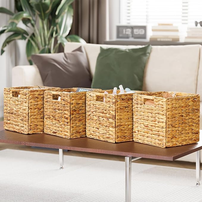 SpaceAid 4 Pack Wicker Basket, Storage Baskets for Organizing, Woven Rattan Basket with Handles for Shelves, Water Hyacinth Large Cube Organizer Storage Bin, 12x12x12 inch, Natural
