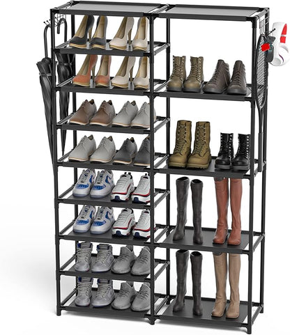 CSXGBAB Tall Garage Shoe Rack Large Capacity,Two Rows Versatile Hooks Storage Boot Shelf Black 24-35 Pairs