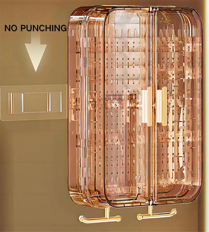 Wall Mounted Jewelry Organizer Cabinet- No Punching Foldable 4- Compartment Jewelry Hanging Organizer for Necklaces, Rings, Bracelets | Jewelry Earring Holder Storage Box for Women & Girls (Rose Gold)