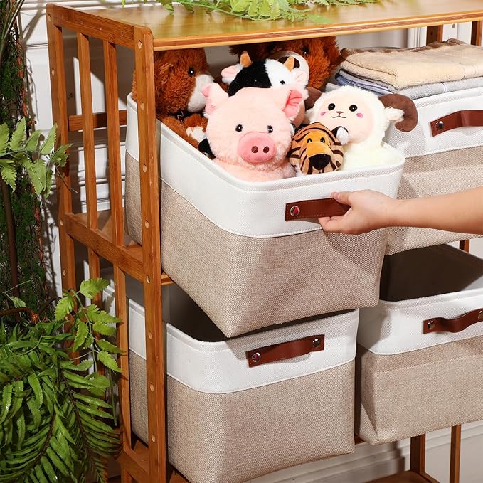 Uiifan 8 Pack 16 x 12 x 10 Inch Large Storage Baskets Collapsible Fabric Storage Cubes Bins with Handles for Shelves Closets Nursery Home Clothes Toys Organizers, Beige
