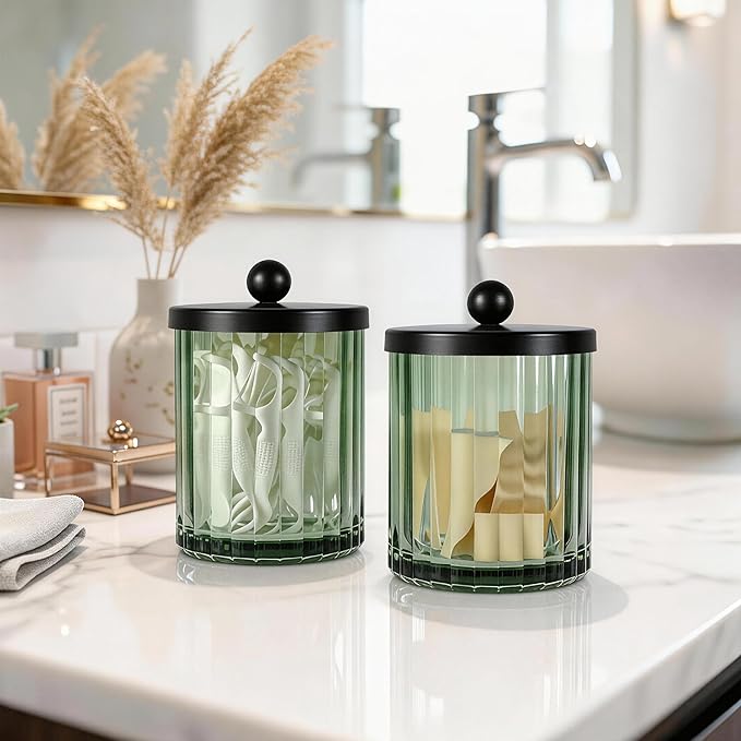 Amolliar Sage Green Glass Apothecary Jar, Qtip Holder Dispenser for Cotton Swabs, Balls, Makeup Pads, Floss Picks, Bathroom Essential Accessories, Countertop Canister Storage Organizer (Black, 2 Pack)